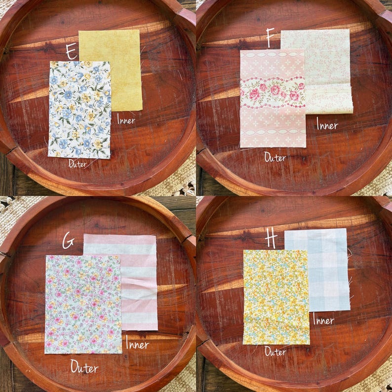 Puede incluir: Cuatro conjuntos de muestras de tela, cada uno con una pieza "Exterior" e "Interior", exhibidos en una bandeja de madera. Las muestras presentan dise&ntilde;os florales, a rayas y estampados en varios colores, incluyendo azul, rosa y amarillo. Las etiquetas "E", "F", "G" y "H" son visibles.