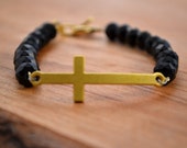 Sideways Cross Bracelet - Unique Gift Jewelry, Funky, Artsy, Trendy, Gift, Friend, Mom, Faceted, Gold, Black, Free Gift w/ Purchase