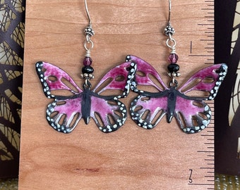 Handcrafted earrings with enameled pink butterflies