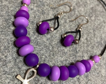 Necklace and earrings set. Cross necklace. Pink and purple necklace