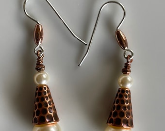 Copper and pearl handmade earrings. Dangle earrings drop earrings handcrafted earrings