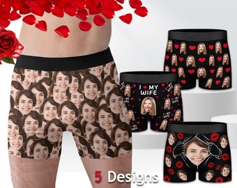 May include: Boxer briefs with a black waistband and a repeating pattern of a woman's face. Other designs include "I ❤️ MY WIFE" text, hearts, and lipstick kisses. The image shows five different designs.