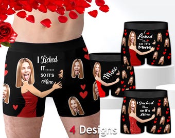 May include: Black boxer briefs with a repeating pattern of a woman's face, red hearts, and the text "I Licked It... So It's Mine". The image shows four different designs of the underwear.