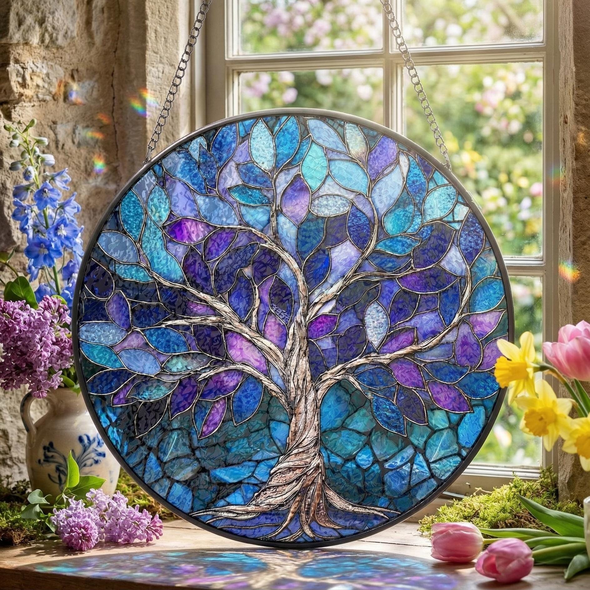 Custom Stained Glass Tree of Life Suncatcher, Handmade Window Hanging ...