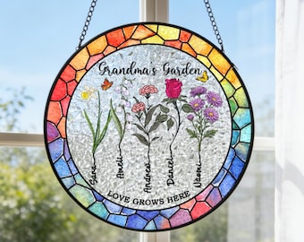 Custom Grandma's Garden Stained Glass, Personalized Floral Suncatcher, Birth Month Flowers with Names Gift, Mothers Day Gift