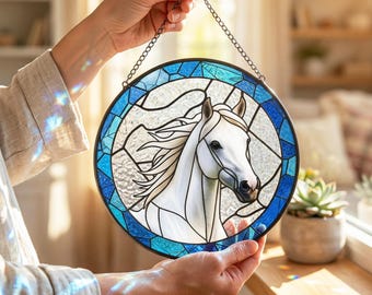 Kundenspezifisches Pferdefoto-Suncatcher, Hundkatzen-Buntglas-Sonnenfänger, personalisiertes Haustier-Porträt-Pferdeliebhaber-Gedenkgeschenk