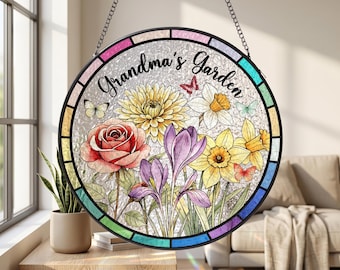 Attrape-soleil en vitrail, fleur de naissance du jardin de grand-mère, fleurs du mois de naissance de la famille, art du verre, cadeau de fête des mères