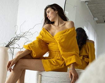 Set di mussola di cotone - Regalo per lei, Loungewear, set di abiti da donna abbinati, Top per donne, set estivo in due pezzi, abbigliamento per la casa naturale