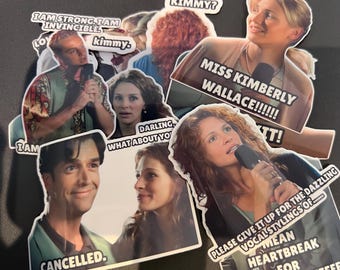 May include: A collection of die-cut stickers featuring images of actors and actresses with text from a movie. The stickers include phrases like "Cancelled," "Miss Kimberly Wallace," and "I am strong, I am invincible."