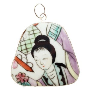 Vintage Handbemalter Porzellan Geisha Keramik Anhänger Silberton Asiatische Kunst