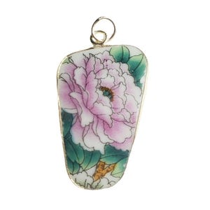Vintage Transferware China Pink Peony Floral Porcelain Pottery Shard Pendant