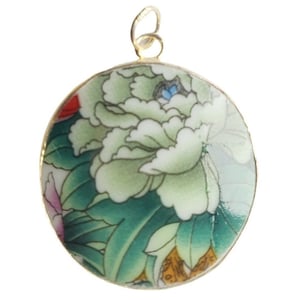Vintage Transferware China Floral Pendant Green Peony Round Chinoiserie Jewelry