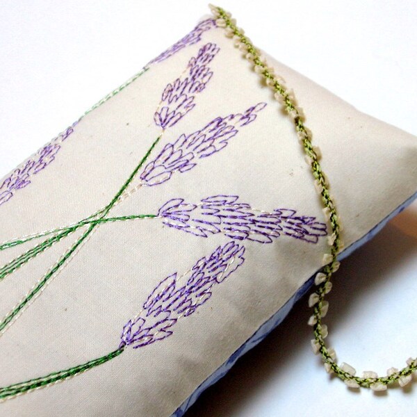 Large Embroidered Lavender Pillow with Ribbon Hanger with Lavender Buds Embroidery