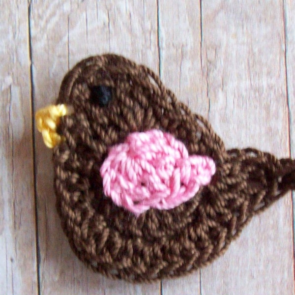 Crochet Bird Applique--Brown and Pink