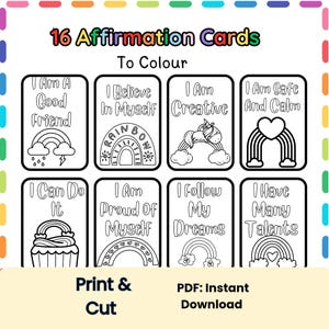 Positive Affirmation Cards For Children, Self Esteem Strategies For Kids, Encouragement Cards To Colour, Rainbow Coloring Page, Mindfulness