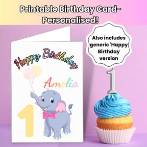 Carte d'anniversaire personnalisée pour 1er anniversaire, carte imprimable, carte de joyeux anniversaire éléphant pour fille, cartes de voeux 5 x 7, animal mignon