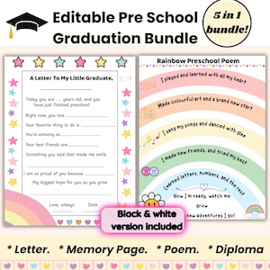 Bearbeitbares Vorschul-Abschluss-Bundle, Andenken am Schulende, druckbares Abschlusszertifikat für Kinder, Jahresabschlussgeschenk, Gedicht-Wandkunst