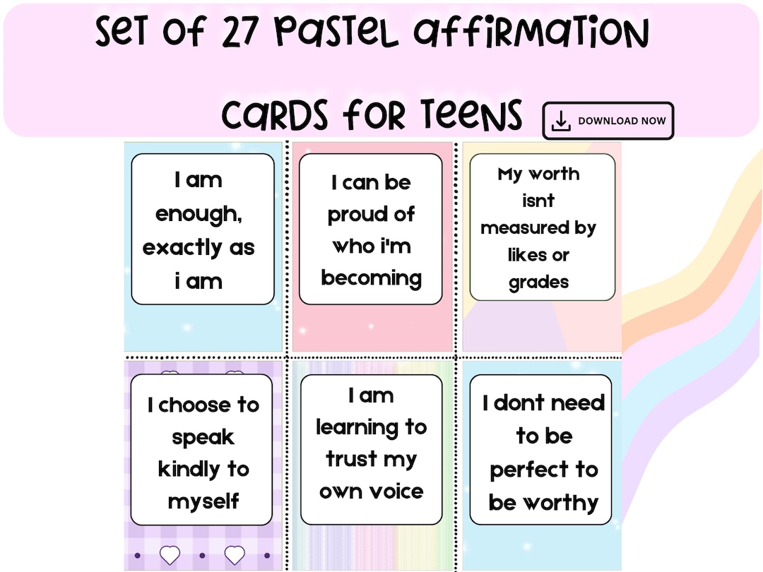 Printable Pastel Teen Affirmation Cards, Self Love Cards for Pre Teen ...
