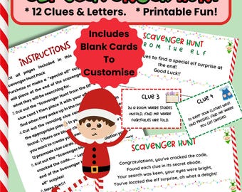 May include: A printable Elf Scavenger Hunt game with 12 clues and letters. The image includes instructions, blank cards to customize, and pre-made clues. A cartoon elf character is featured in the design, with a red and white striped border.