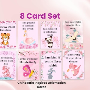 Tarjetas de afirmación de chinoiserie rosa imprimibles, tarjetas de afirmación de animales, tarjetas de gratitud para niños, tarjetas de afirmación positiva de amor propio,