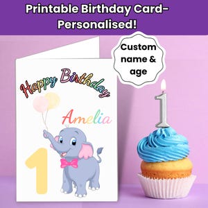 Cartão de aniversário personalizado com nome e idade para menina, cartão de elefante para impressão, primeiro aniversário de menina ou qualquer idade, download instantâneo de cartões 5x7 e 4x6