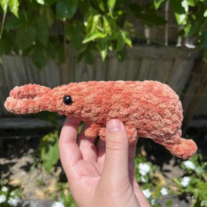 May include: A handmade, plush, orange-colored crochet alligator toy with a black eye. The alligator has a textured, fuzzy appearance and is held in a hand. The background features green foliage and white flowers.