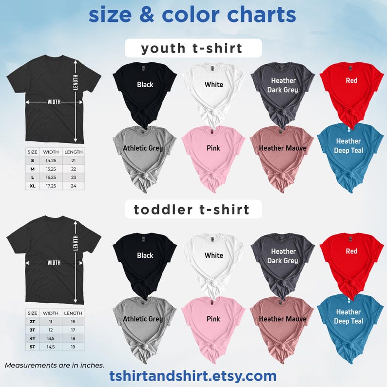 the sizes and colors of a t - shirt