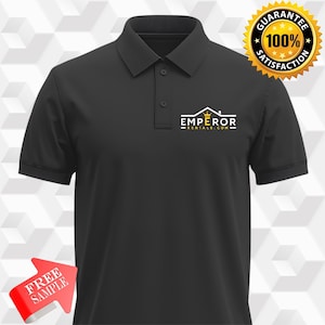 May include: Black polo shirt with a white logo that says "EMPEROR RENTALS.COM" with a small gold crown above the word "EMPEROR".
