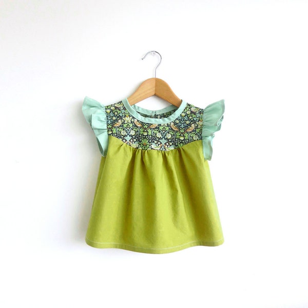 RESERVED FOR SARAH: girls chartreuse cotton blouse with Liberty print detail + seafoam bloomers