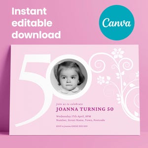Turning 50th Birthday Invitation for Women / 50th Birthday Party Invite Canva Template / Suprise Fiftieth Birthday Party Digital Printable