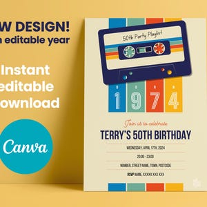 50th Birthday Invitation Template – Editable Year in Canva, Born in 1975 Printable Invite for Men & Women, Retro, Milestone Birthday