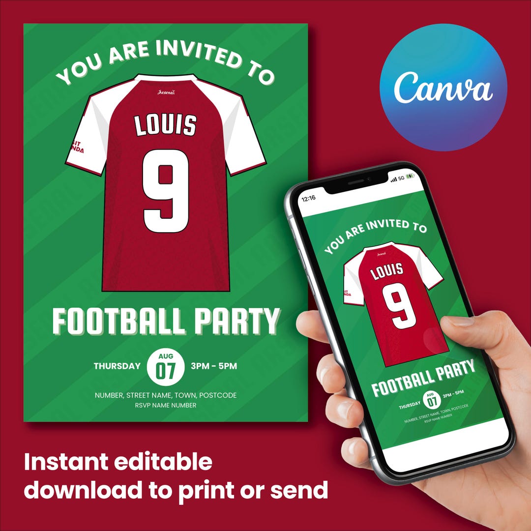 Editable Arsenal FC Birthday Invitation: Football Party, Canva Template ...