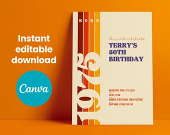 Invitación de cumpleaños número 50 de 1976, Nacido en 1976, Fiesta retro, Plantilla editable de Canva