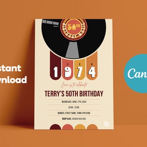 50th birthday party invite Instant download. retro. Born in 1975. Editable 50th party invitation template. Retro 50th party invite.