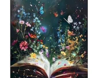 Peut inclure: Un livre ouvert avec des fleurs colorées qui poussent de ses pages. Des papillons de différentes couleurs volent autour du livre et des fleurs.