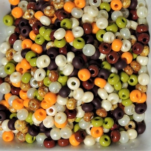 May include: A bowl filled with a variety of colorful beads. The beads are in shades of brown, white, orange, and green. The beads are small and round, and they are arranged in a random pattern.