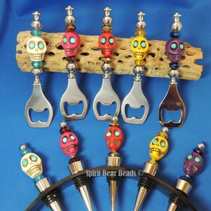 Skull Ghoul Beaded Choice of colors Wine Stopper  Bottle Opener SET  Día de Muertos, Christmas Gift,