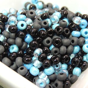 Blue on Black Czech Glass seed bead Mix size 6/0 50 Grams