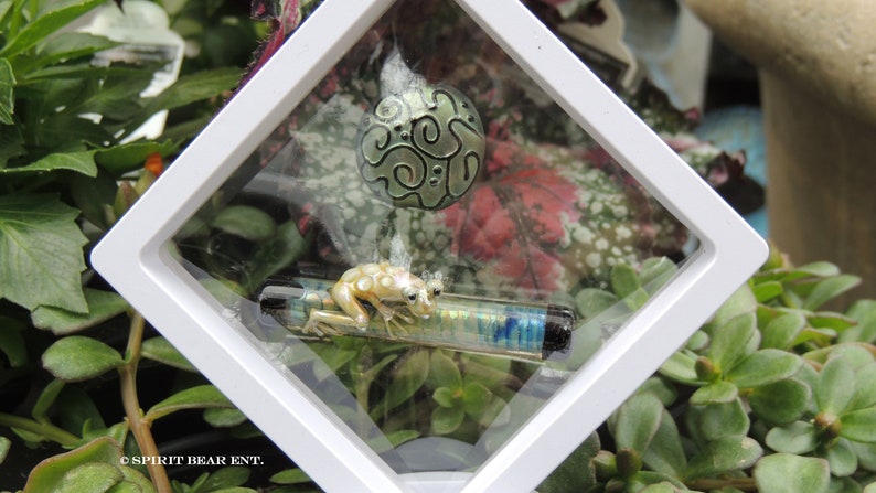 May include: A white square frame with a glass front displays a small, yellow frog figurine perched on a blue and silver glass tube. A green and silver patterned circle is visible above the frog.