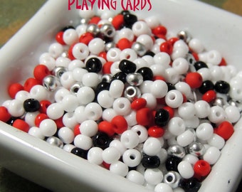 Playing Cards bead Mix, size 6, Czech glass seed beads, red, white, black silver, games