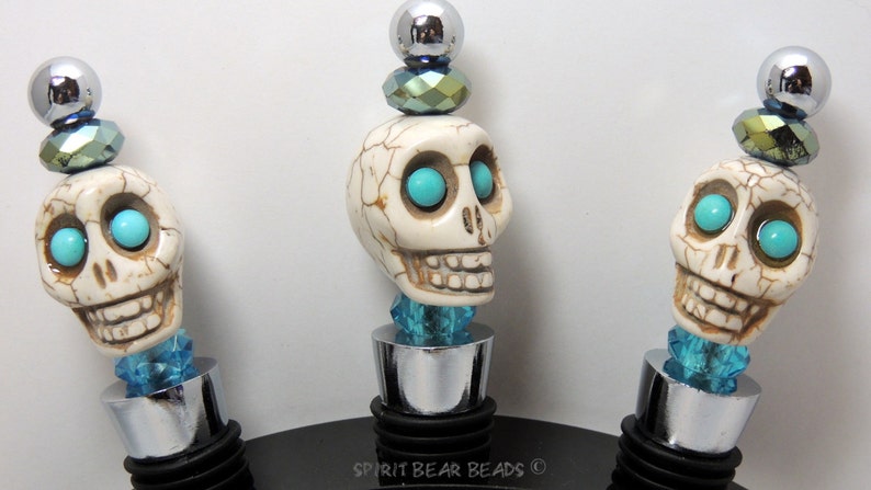 Turquoise Skull Wine stopper Blue Beads Dia De Muertos Day of the Dead Gift HALLOWEEN, image 4