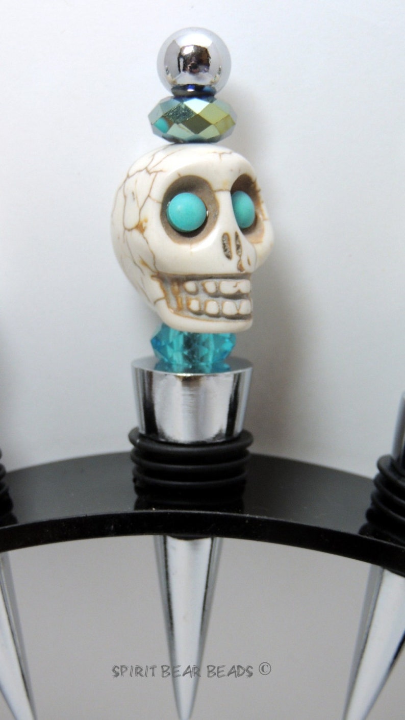 Turquoise Skull Wine stopper Blue Beads Dia De Muertos Day of the Dead Gift HALLOWEEN, image 3