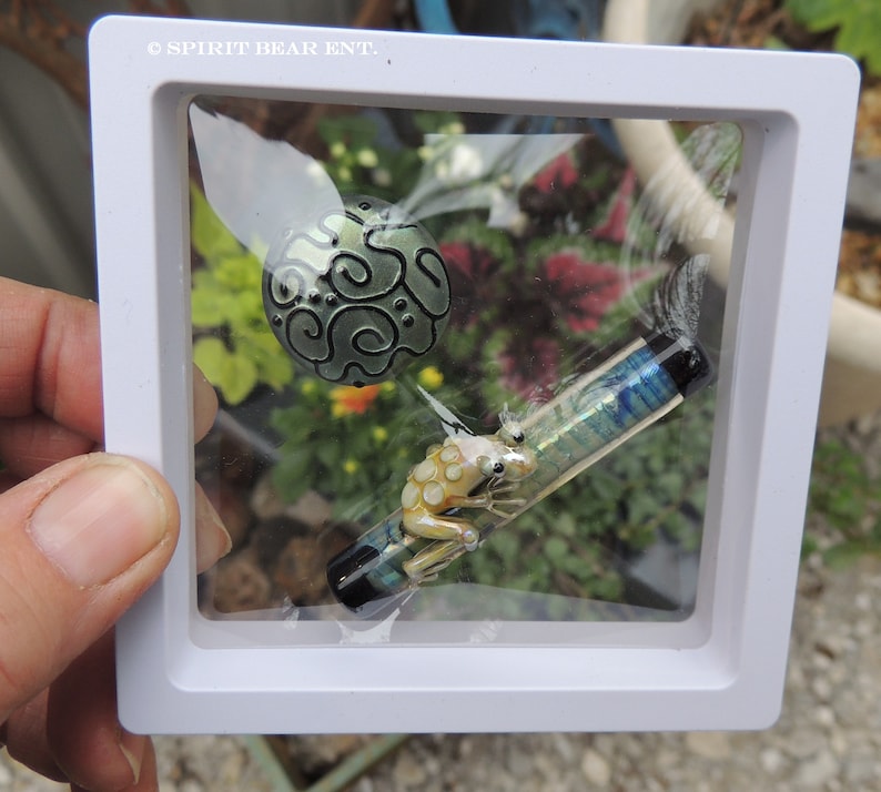 May include: A white frame with a glass front displays a green glass orb with a swirl design, a blue and green glass rod, and a small yellow glass frog figurine.