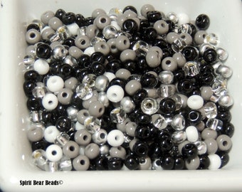 Prom Night 1 mix, Seed Beads, bead mix, Size 6 beads, black white silver