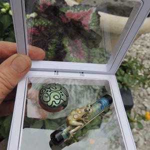 May include: A white display case with a glass top, showcasing a green and black glass bead with a swirling pattern and a glass frog figurine on a blue and green glass rod.