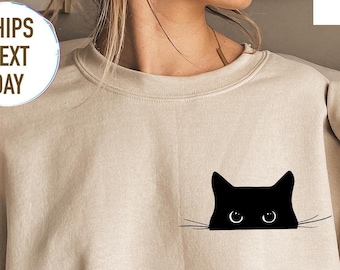 Black Cat Sweatshirt Cute Cat Lover Crewneck for Women Unisex Cozy Pullover Peeking Cat Graphic Cat Mom Gift Fall Winter Soft Casual Top
