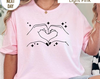 Valentine Heart Hands T-Shirt, Music Lover Gift Tee, Hand Heart Graphic T-shirt ,Cute Heart Gesture Shirts ,Fan Gifts, Matching Heart Design