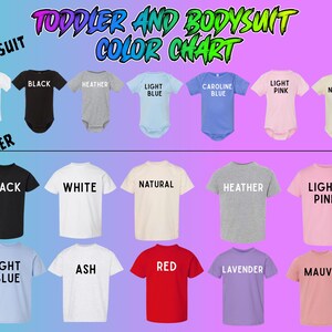 The image is a color chart for toddler and bodiesuit clothing, displaying various colors and corresponding clothing styles.