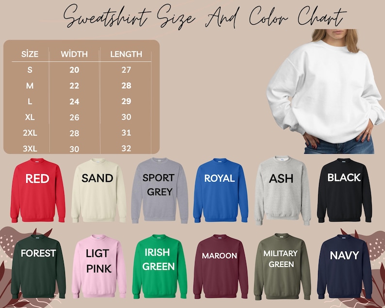 The image is a collage of various colored sweatshirts, each with a different size and color, along with a chart that provides information about the size and color of the sweatshirts.