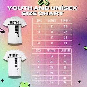 The image is a youth and gender-neutral size chart for T-shirts, displaying the measurements for different age groups and sizes.